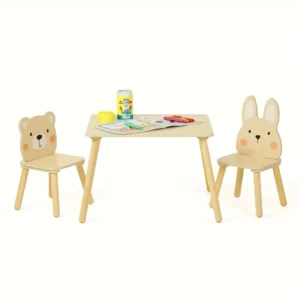 Kids Wood Table And Chair Set - Including 2 Animal Chairs - Waterproof Desktop