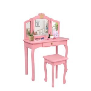 Kids Princess Vanity Table and Chair Set, Kids Vanity Set with Drawer & Tri-Folding Mirror