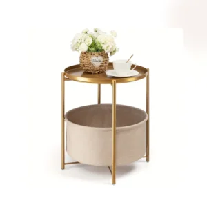 Round Side Table With Fabric Storage Basket, Metal Small Bedside Nightstand With Removable Tray